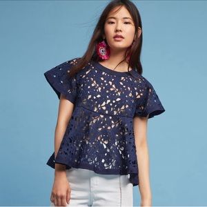 navy blue lace peplum, zipper back blouse